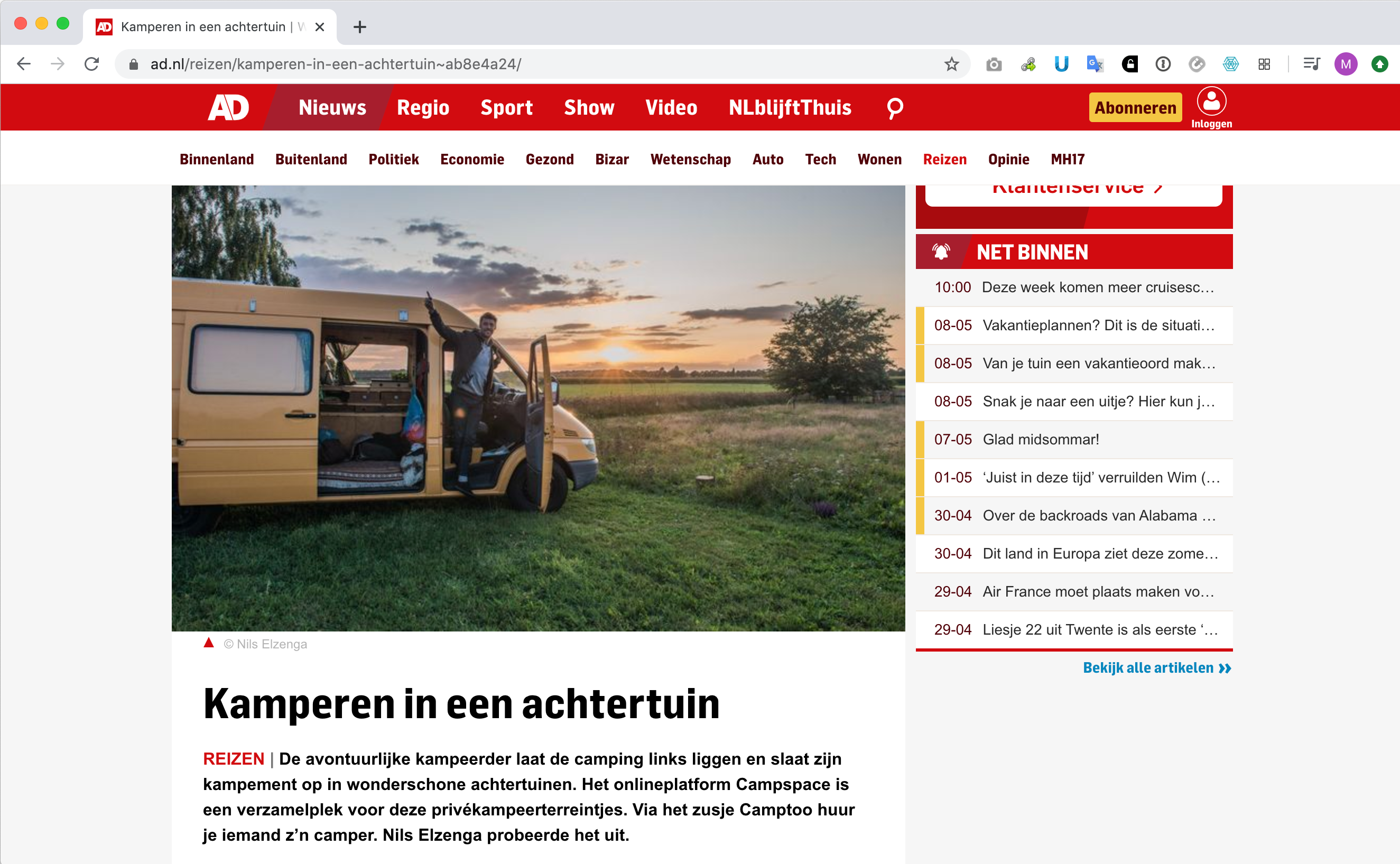 5 Mars 2020 - Le Algemeen Dagblad sur 'le camping dans le jardin'