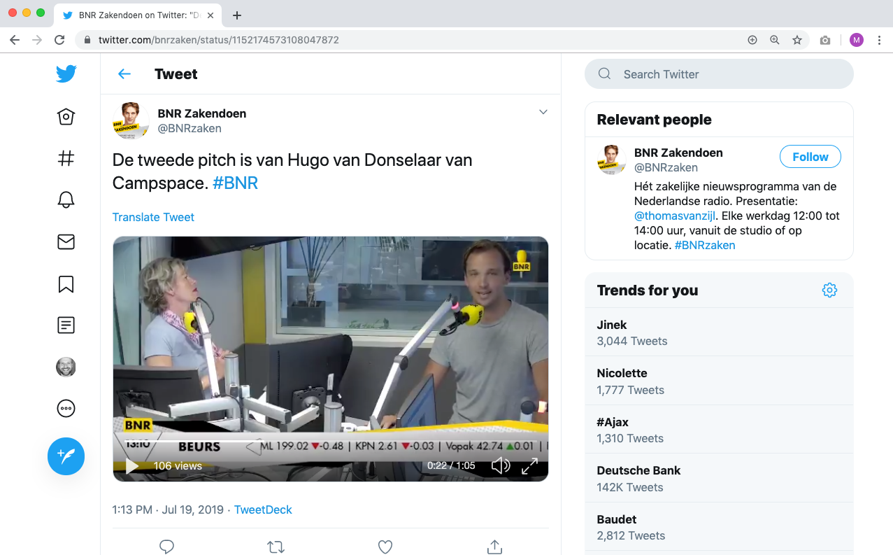 July 19, 2019 — Our CEO Hugo van Donselaar pitches Campspace at BNR in Business