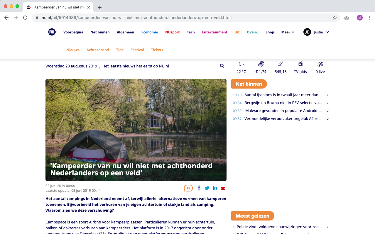 5 Juni 2019 — Nu.nl over Campspace en de toekomst van kamperen