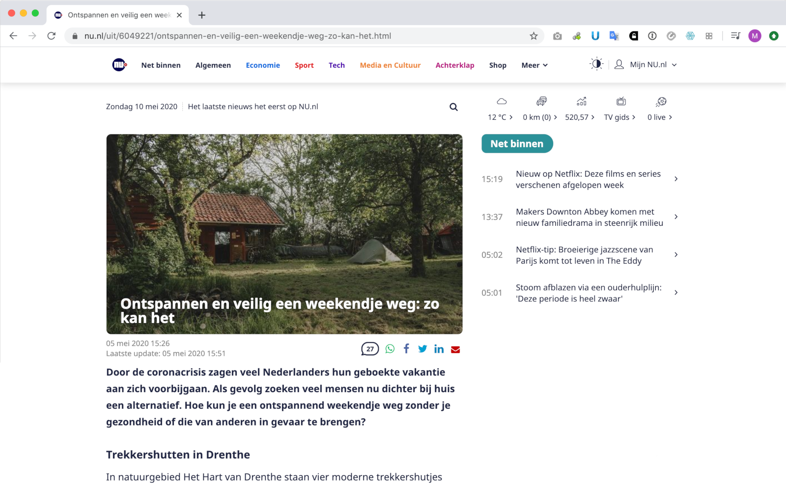 5. Mai 2020 — Nu.nl über sichere Getaways in Zeiten von Corona