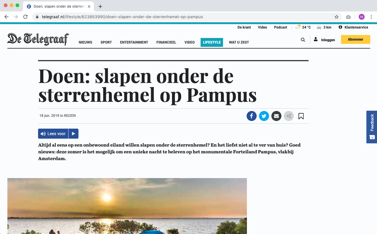 18. Juni 2019 — De Telegraaf über unseren pop-up Campspace auf der Insel Pampus
