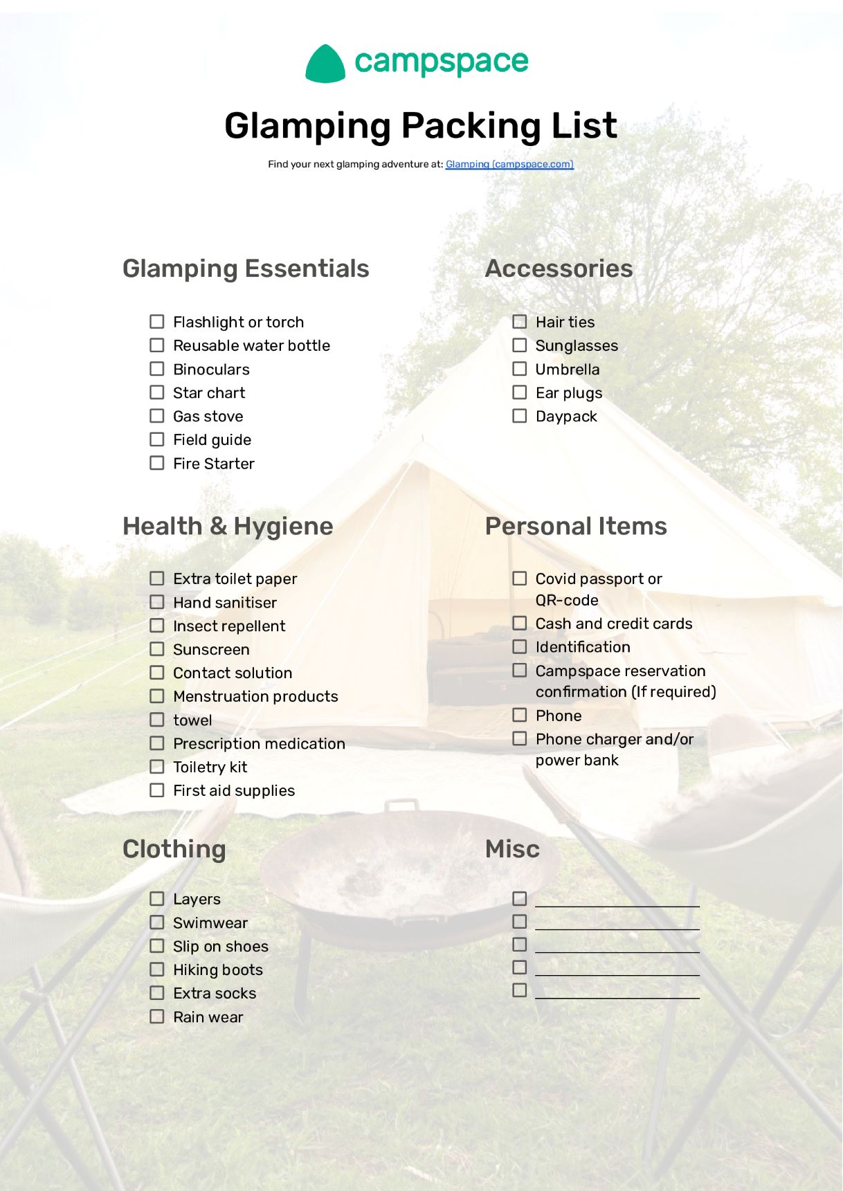 Glamping packing list