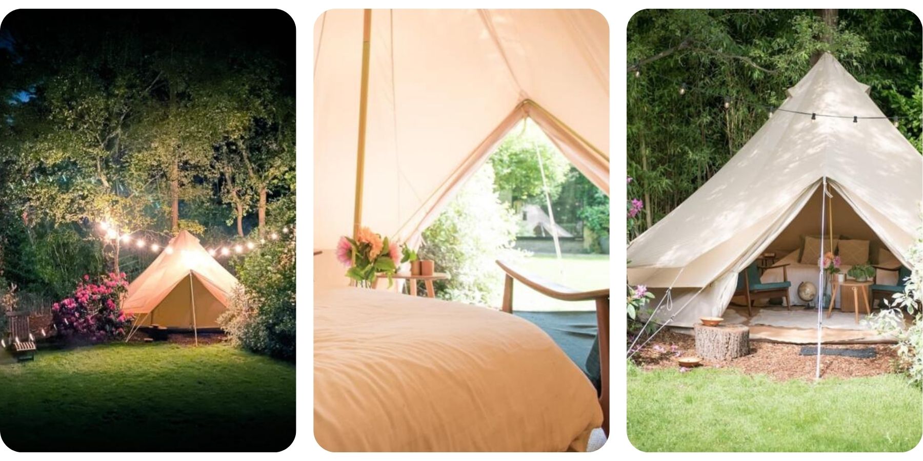 glamping tent, fairy lights and cosy vibes