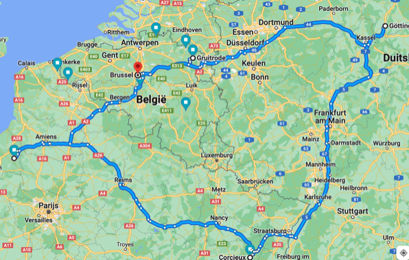 Route trough Belgium, Germany and France